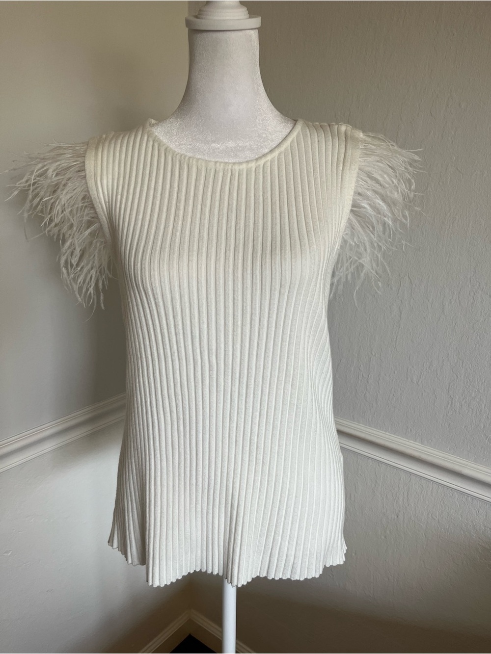 Siani Feather-Trim Ribbed Tank Top - White/Cream